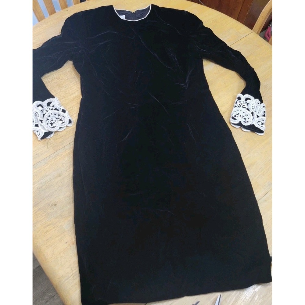 80s/90s Jessica McClintock Black Velvet Lace Cuffs Midi Dress Sz 14 Dark Romance